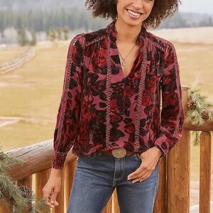 Sundance Velvet Burnout Burgundy Blouse XS Christmas Holiday Festive Dark Floral